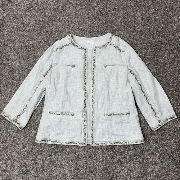 Chico's Women's Linen Blend Jacket Size 1 (M/8-10) Gray Open Front Pockets EUC - Picture 2 of 14